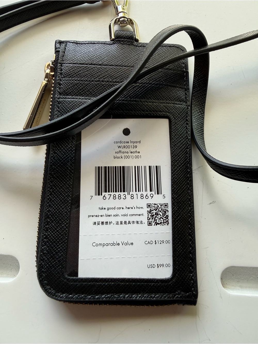 kate spade Black Saffiano Zip Card Holder with Gold Hardware